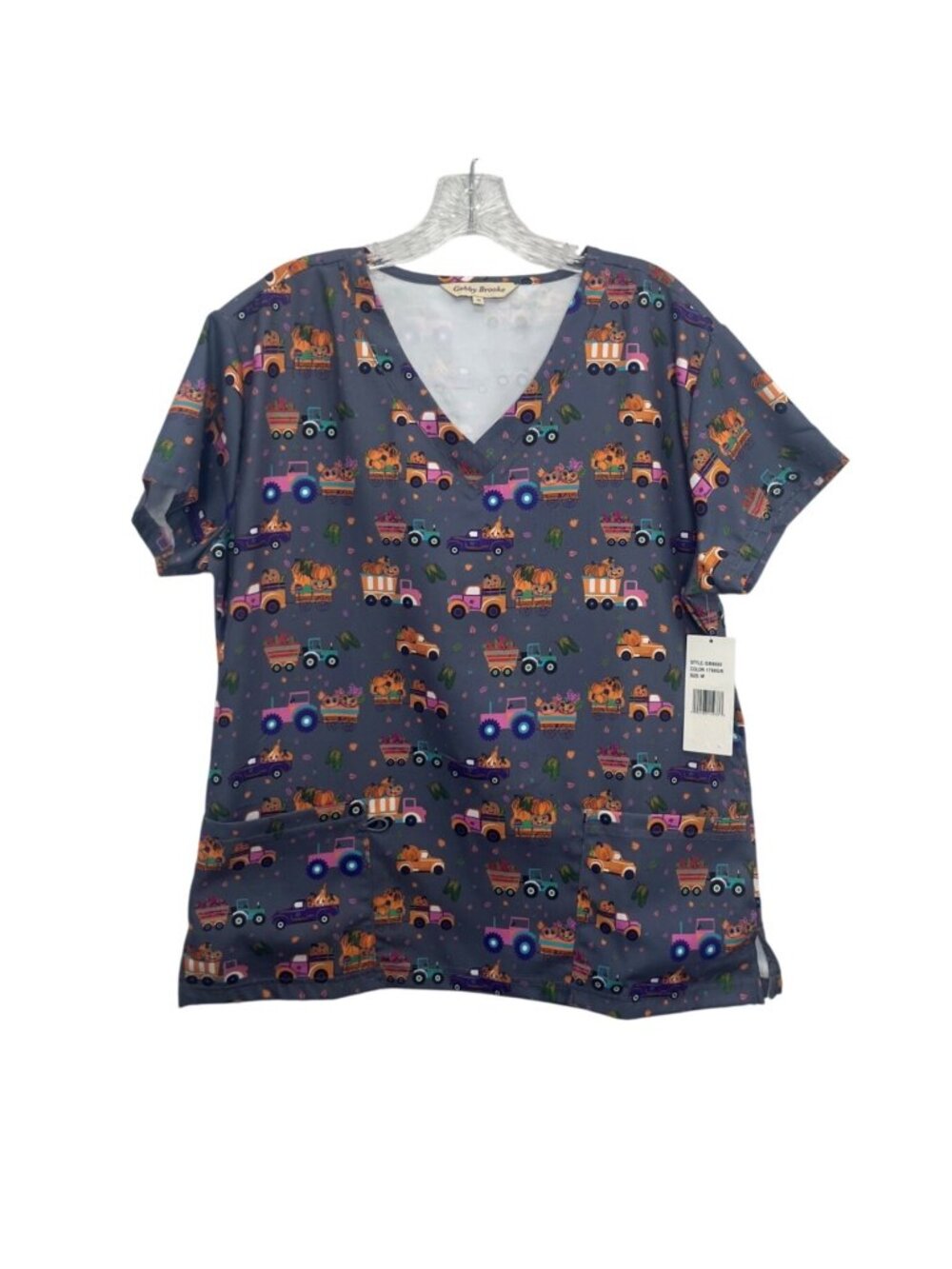 Gabby Brooke VNeck Scrub Top Medium Gray New Trucks Fall Print